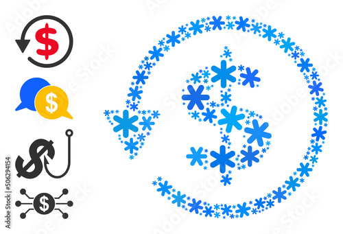 Mosaic dollar refund icon is organized for winter, New Year, Christmas. Dollar refund icon mosaic is constructed from light blue snow flakes. Some similar icons are added.