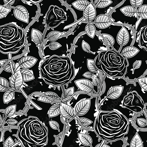 Vector  Black and White Roses Seamless Pattern