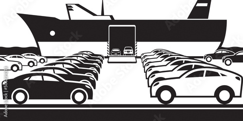 Ferry boat  unloading new cars - vector illustration