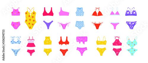 Vector bikini illustration kits. Women's swimming suits for summer vacation. Stylish bikini collection.