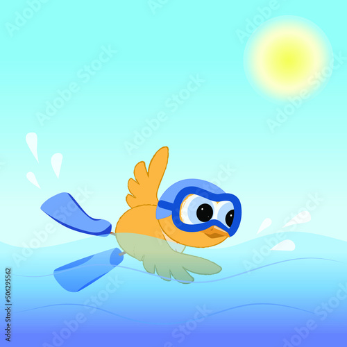 Cute owlet enjoys swimming in flippers in the blue sea.