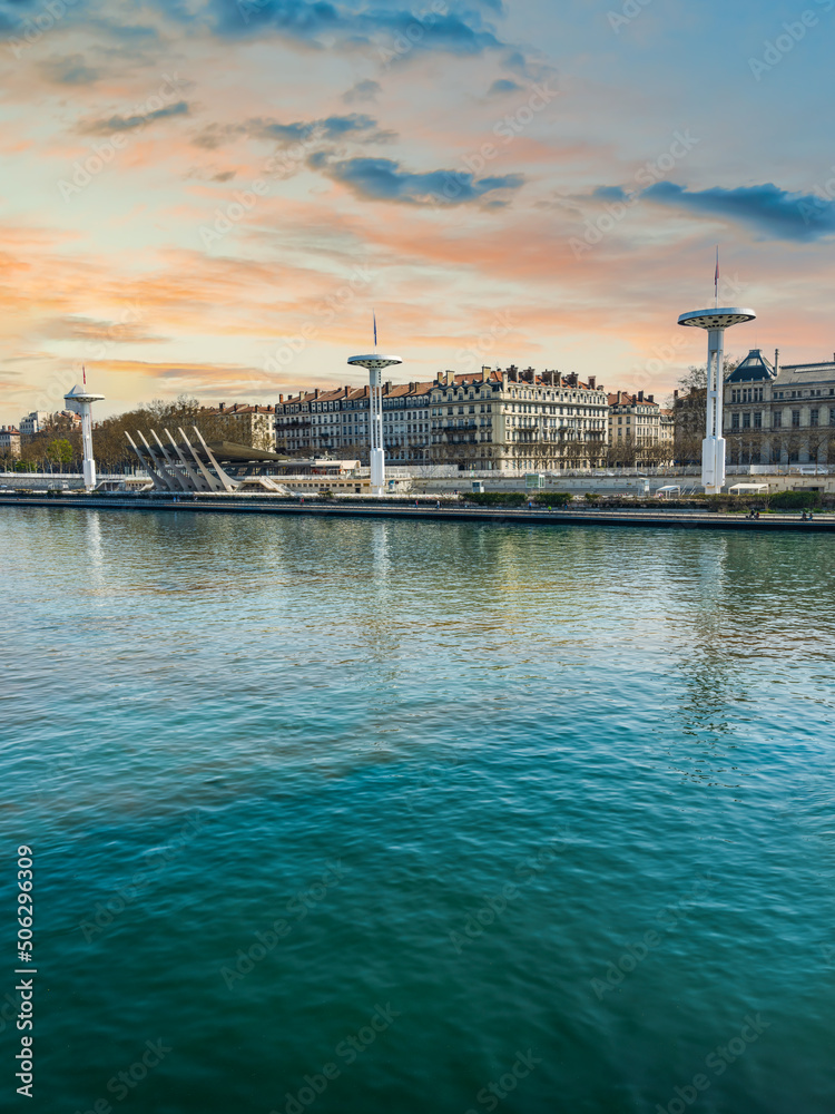 Lyon old city on river Rhone during a spring sunset