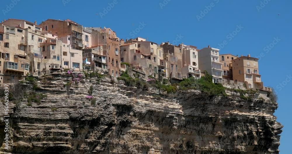View of Bonifacio town and the limestone cliff in Corsica, France- Vue sur la ville de bonifacio et les falaires de calcaire en Corse, France