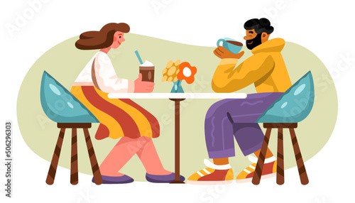 Happy couple or friends in a cafe. Drinking coffee, talking, sitting at the table, having a good time. Male and female. Full character figure. Flat hand drawn cartoon vector illustration