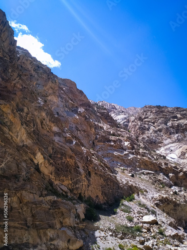 mountain landscape on blue sky background in Himachal Pradesh, India