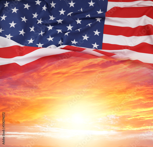 American flag in sunny sky