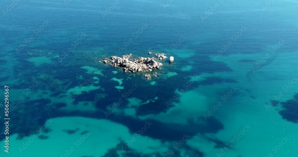 Aerial view of Palombaggia beach rocks in Corsica, close to Porto Vecchio - Vue aérienne des rochers de la plage de Palombaggia en Corse, proche de porto vecchio