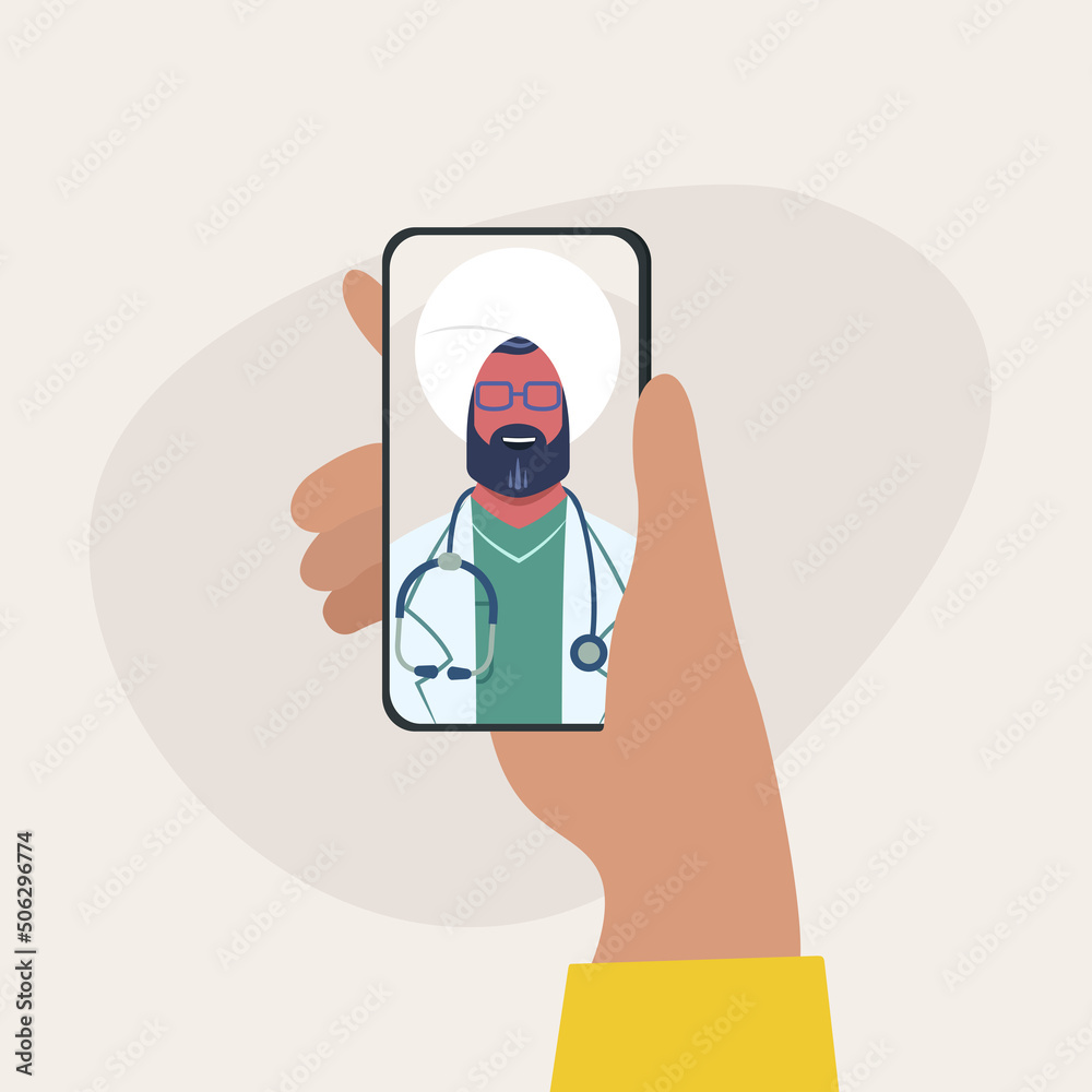 Patient having Online Conversation with muslim Doctor. Modern Health Care Services and Online Telemedicine Concept.