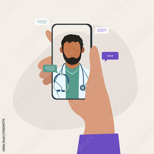 Indian doctor consulted by smartphone with his patient. Modern Health Care Services and Online Telemedicine Concept.