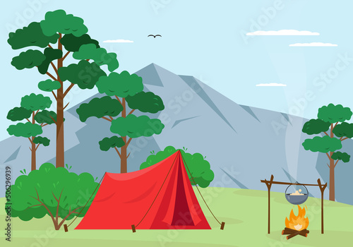 Summer or spring mountain landscape with camping tent and fire. Countryside nature. Tourism, expedition, travel, explore concept. Outdoor recreation. Vector illustration.