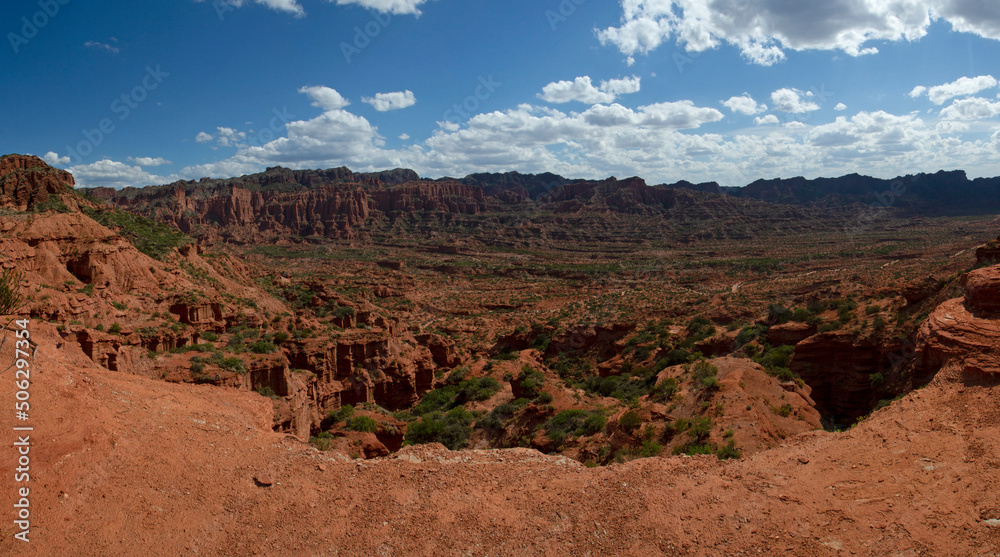 Desert landscape. Panorama view of the red sandstone and rock formations, cliffs, mountains and valley in Sierra de las Quijadas national park. 