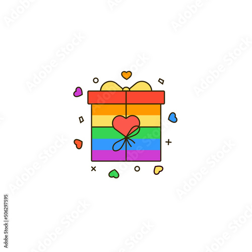 Rainbow gift box with heart shape decoration. Colorful line icon of LGBT   LGBTQ love  gays and lesbians  sexual minorities support. Pride month  wedding  Valentine s Day celebration illustration.