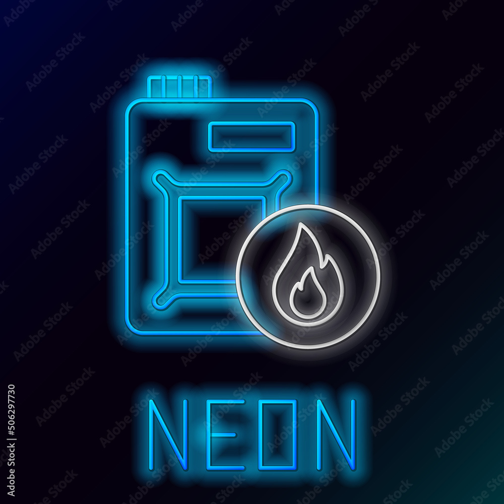Glowing neon line Canister for motor machine oil icon isolated on black background. Oil gallon. Oil change service and repair. Engine oil sign. Colorful outline concept. Vector Glowing neon line Canister for motor machine oil icon isolated on black background. Oil gallon. Oil change service and repair. Engine oil sign. Colorful outline concept. Vector