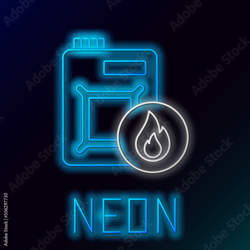 Glowing neon line Canister for motor machine oil icon isolated on black background. Oil gallon. Oil change service and repair. Engine oil sign. Colorful outline concept. Vector