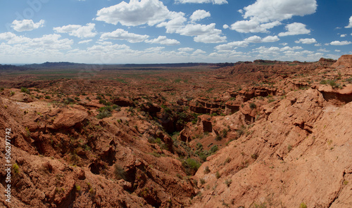 The arid desert. Panorama view of the red sandstone and rocky cliffs in Sierra de las Quijadas canyon, in San Luis, Argentina.