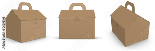 3d rendering - Cardboard box house, from three view isolated on white background high quality details