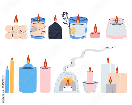 A set of burning scented candles. Different types and forms of wax candles in candlesticks. Flat illustration. Eps10