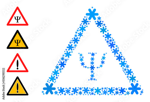 Mosaic psychology danger icon is organized for winter, New Year, Christmas. Psychology danger icon mosaic is shaped from light blue ice crystals. Some similar icons are added.