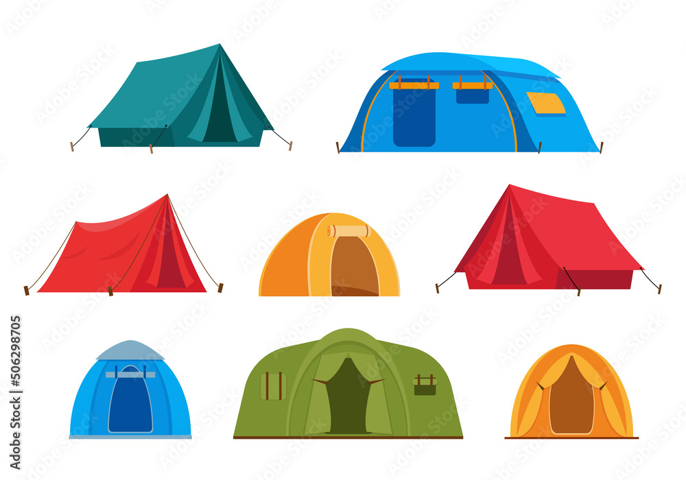 Set of tourist camp tents isolated on white background. Hiking and camping equipment icons. Vector illustration.