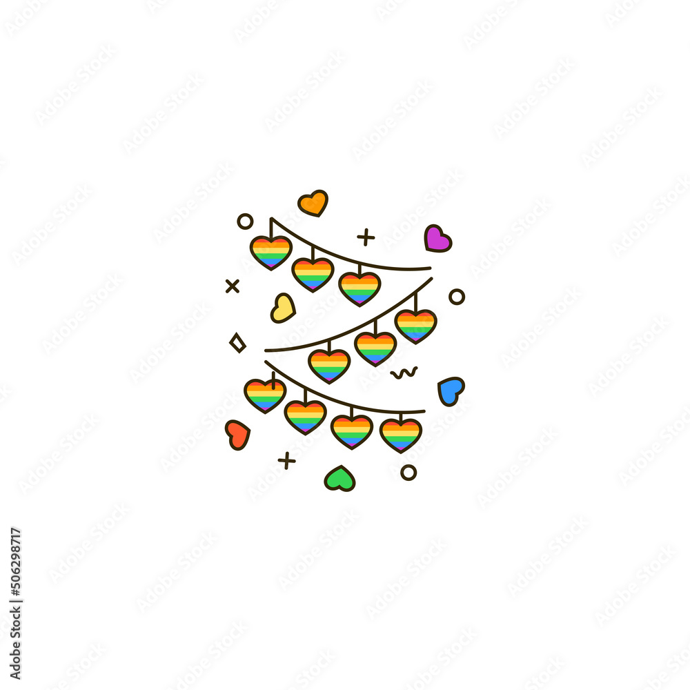 Bunting rainbow hearts - color line icon. Heart shaped garland vector illustration. Decoration for LGBT & LGBTQ pride month, gays and lesbians wedding day celebration, Valentine's day event. Bunting rainbow hearts - color line icon. Heart shaped garland vector illustration. Decoration for LGBT & LGBTQ pride month, gays and lesbians wedding day celebration, Valentine's day event.