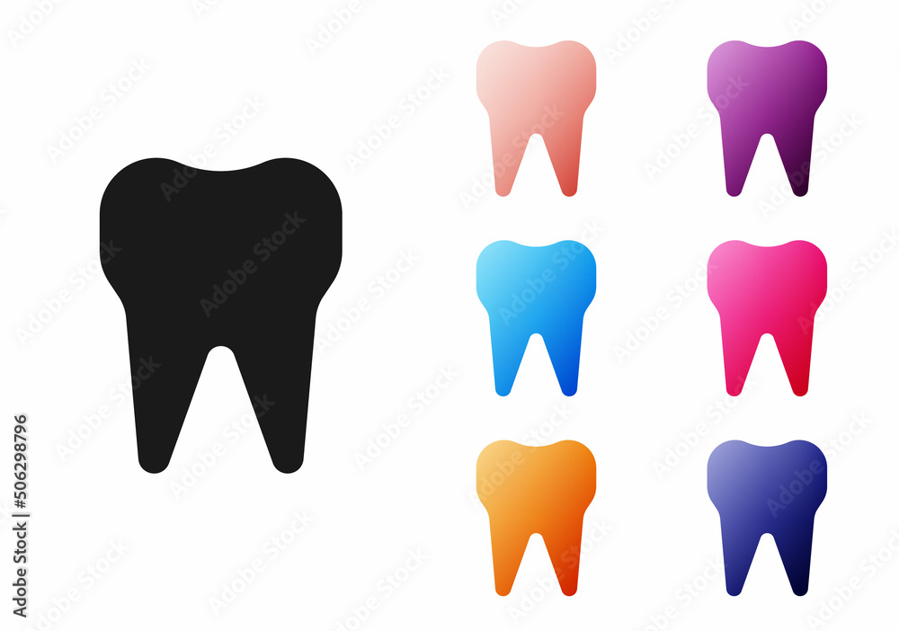 Black Tooth icon isolated on white background. Tooth symbol for dentistry clinic or dentist medical center and toothpaste package. Set icons colorful. Vector Illustration Black Tooth icon isolated on white background. Tooth symbol for dentistry clinic or dentist medical center and toothpaste package. Set icons colorful. Vector Illustration