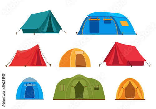 Set of tourist camp tents isolated on white background. Hiking and camping equipment icons. Vector illustration.
