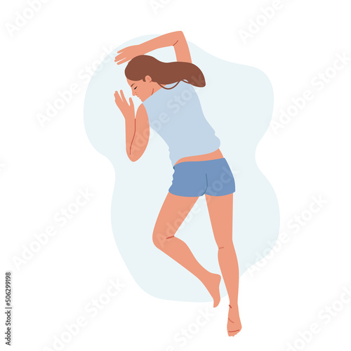 Young Woman Wear Pajama Sleep or Nap on Bally, Female Character Sleeping Pose in Bed Top View. Night Dream, Relaxation