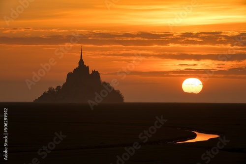 Beautiful sunset view of historic landmark Le Mont Saint-Michel in Normandy  France