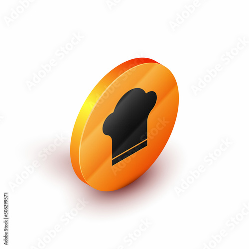 Isometric Chef hat icon isolated on white background. Cooking symbol. Cooks hat. Orange circle button. Vector