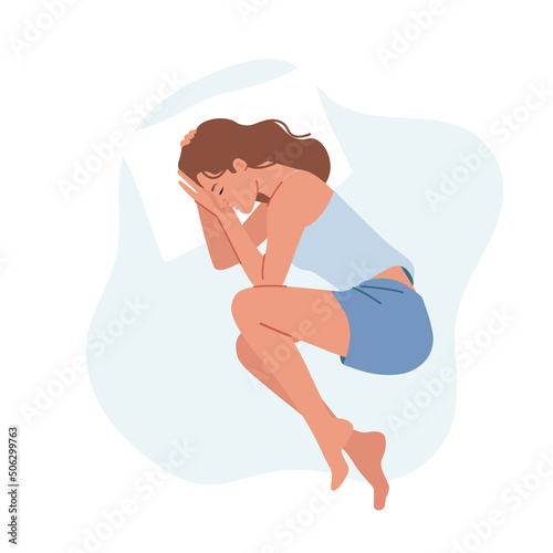 Peaceful Female Character Wear Pajama Sleep or Nap on Pillow in Embryo Pose Isolated on White Background