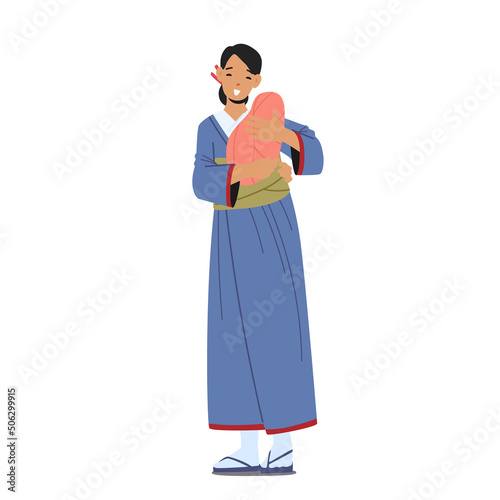 Asian Woman with Baby on Hands. Young Smiling Female Character Wear Traditional Kimono with Newborn Child Full Height