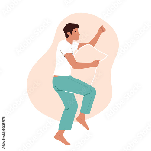 Tired Man in Pajama Sleep on Bed Lying on Side with Pillow between Legs. Male Character Sleeping in Relaxed Posture