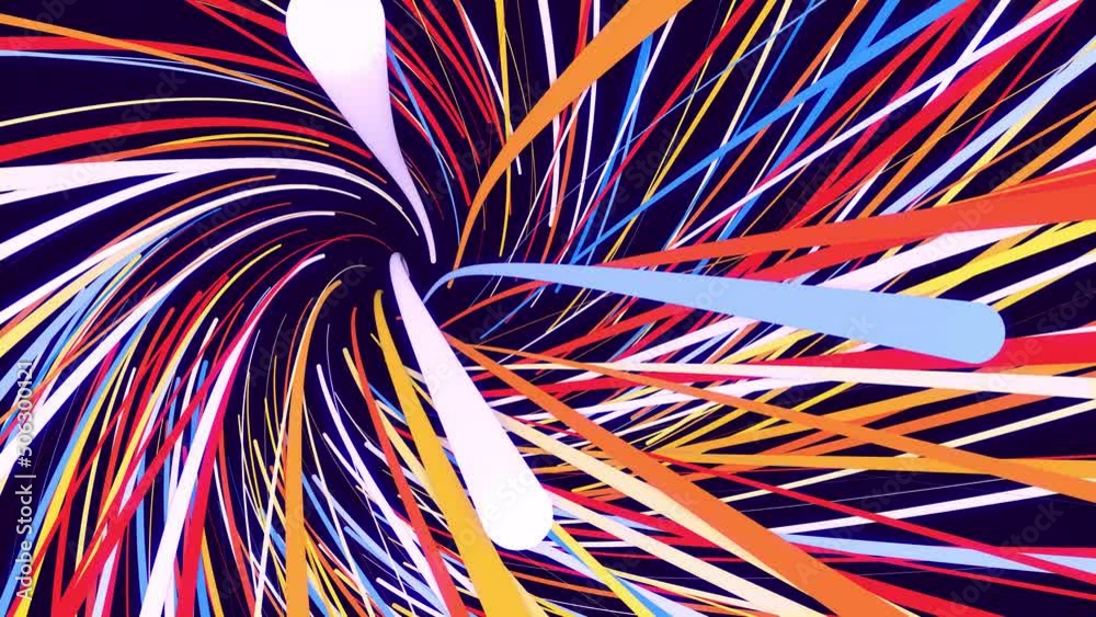 abstract bg with multicolored particles and lines twisted into spirals rotate cyclically. Looped animation as a motion design background of curved lines and particles. Beautiful ribbons. Luma matte
