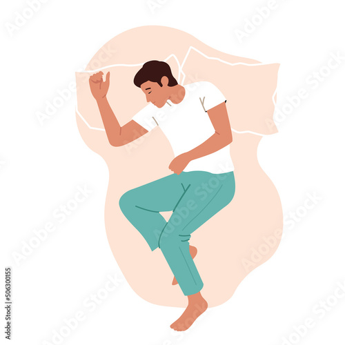 Male Character Sleeping in Relaxed Pose Lying in Bed with Bent Legs and Hands Top View. Man in Pajama Nighttime Sleep
