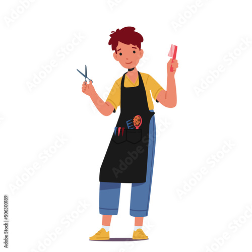 Boy Playing in Stylist, Kid Character Wear Apron with Comb and Scissors in Hands. , What I Want to Be When Grow Up