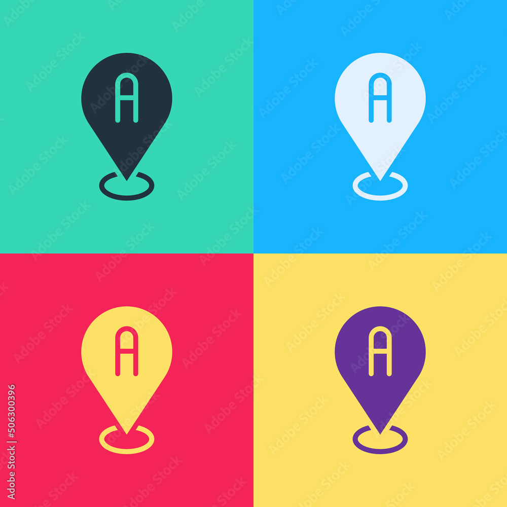 Pop art Map pin icon isolated on color background. Navigation, pointer, location, map, gps, direction, place, compass, search concept. Vector Pop art Map pin icon isolated on color background. Navigation, pointer, location, map, gps, direction, place, compass, search concept. Vector