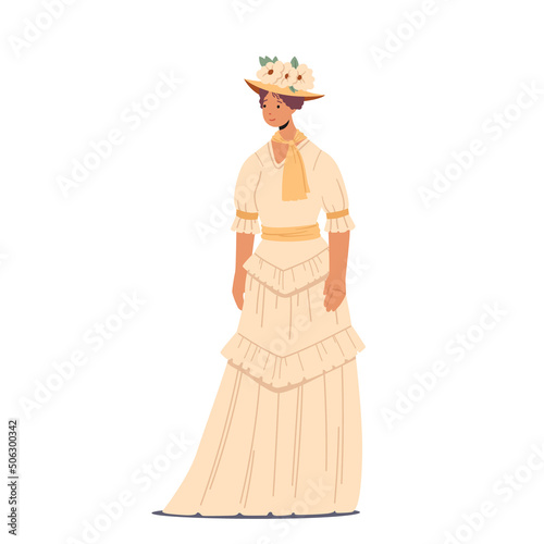 Pretty Vintage Woman, Beautiful 19th Century Lady Wear Elegant Gown and Hat Isolated on White Background