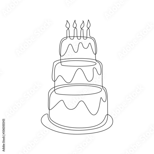 Continuous one line drawing of birthday cake with candles. Icon and symbol of sweet celebration torte and pie with sugar cream in simple linear style. Editable stroke. Doodle vector illustration