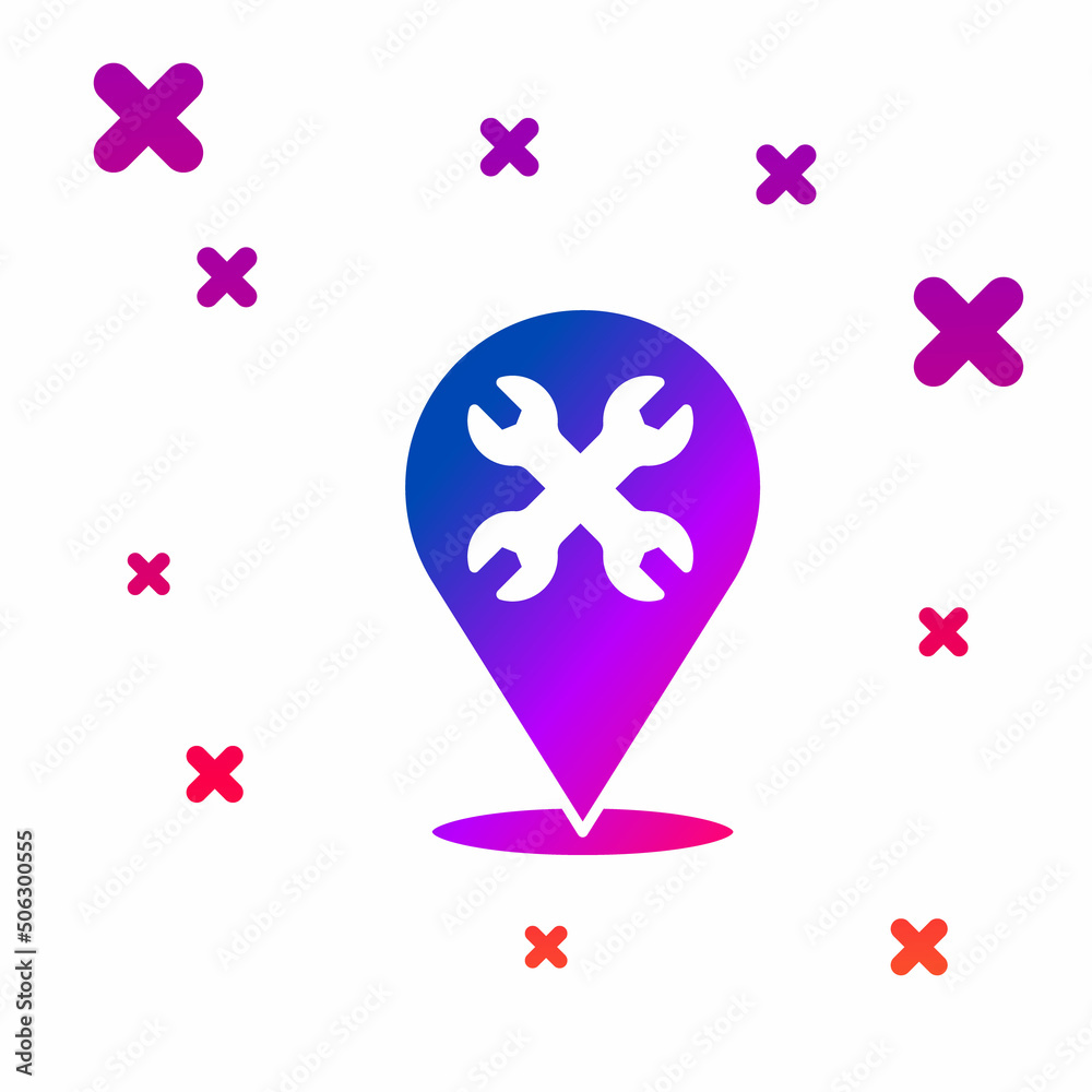 Fototapeta premium Color Location with wrench spanner icon isolated on white background. Adjusting, service, setting, maintenance, repair, fixing. Gradient random dynamic shapes. Vector