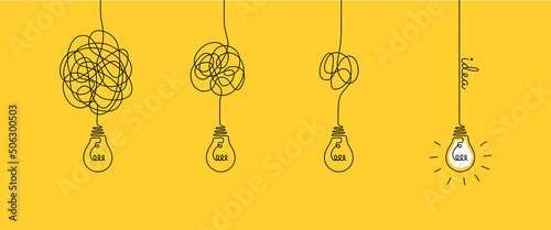 One continuous line drawing of tangled and scribble wires with light bulbs. Concept of complex problem solving process and Clarifying idea in simple linear style. Editable stroke. Vector illustration