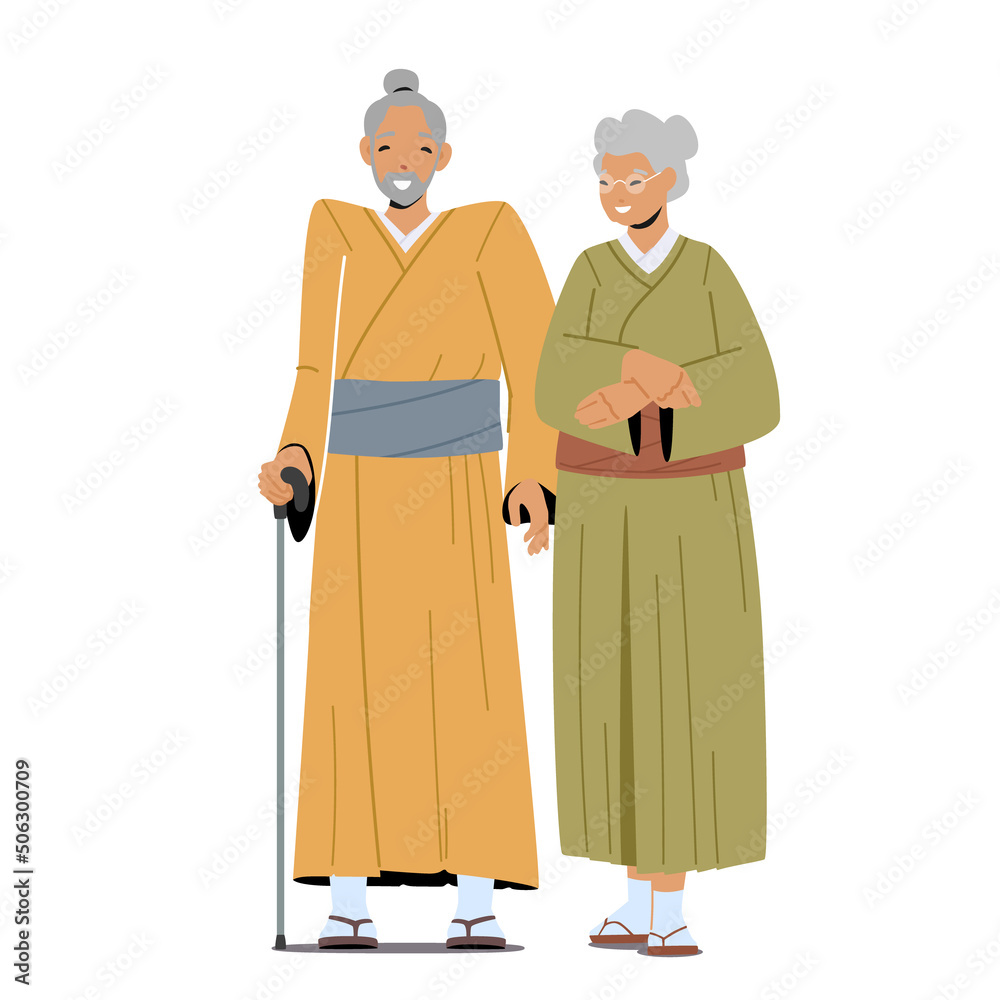 Senior Asian Man and Woman Wear Traditional Kimono. Old Ages Concept. Aged Friendly Couple, Isolated Elderly Characters