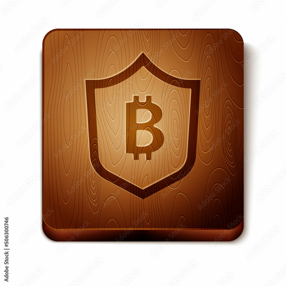 Brown Shield with bitcoin icon isolated on white background. Cryptocurrency mining, blockchain technology, security, protect, digital money. Wooden square button. Vector Brown Shield with bitcoin icon isolated on white background. Cryptocurrency mining, blockchain technology, security, protect, digital money. Wooden square button. Vector