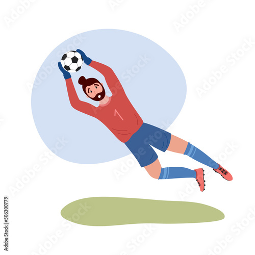 Football goalkeeper isolated. Soccer goalie player jumping and catching ball. Flat vector illustration of man playing football
