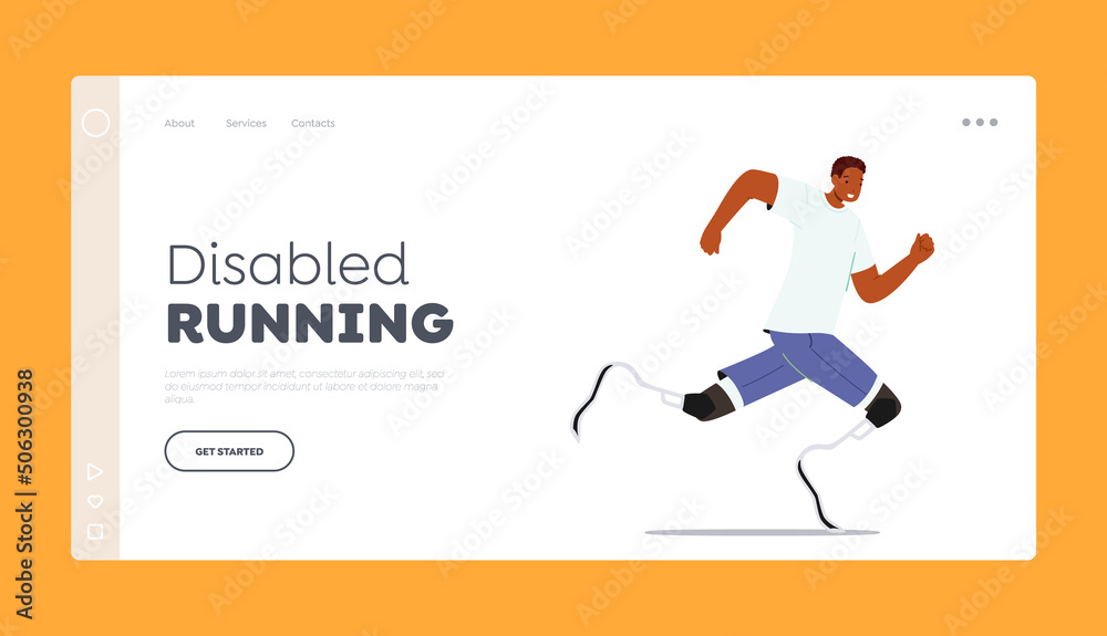 Disabled Running Landing Page Template. Athlete with Legs Prosthesis, Amputee Man Run. Character with Amputated Limbs