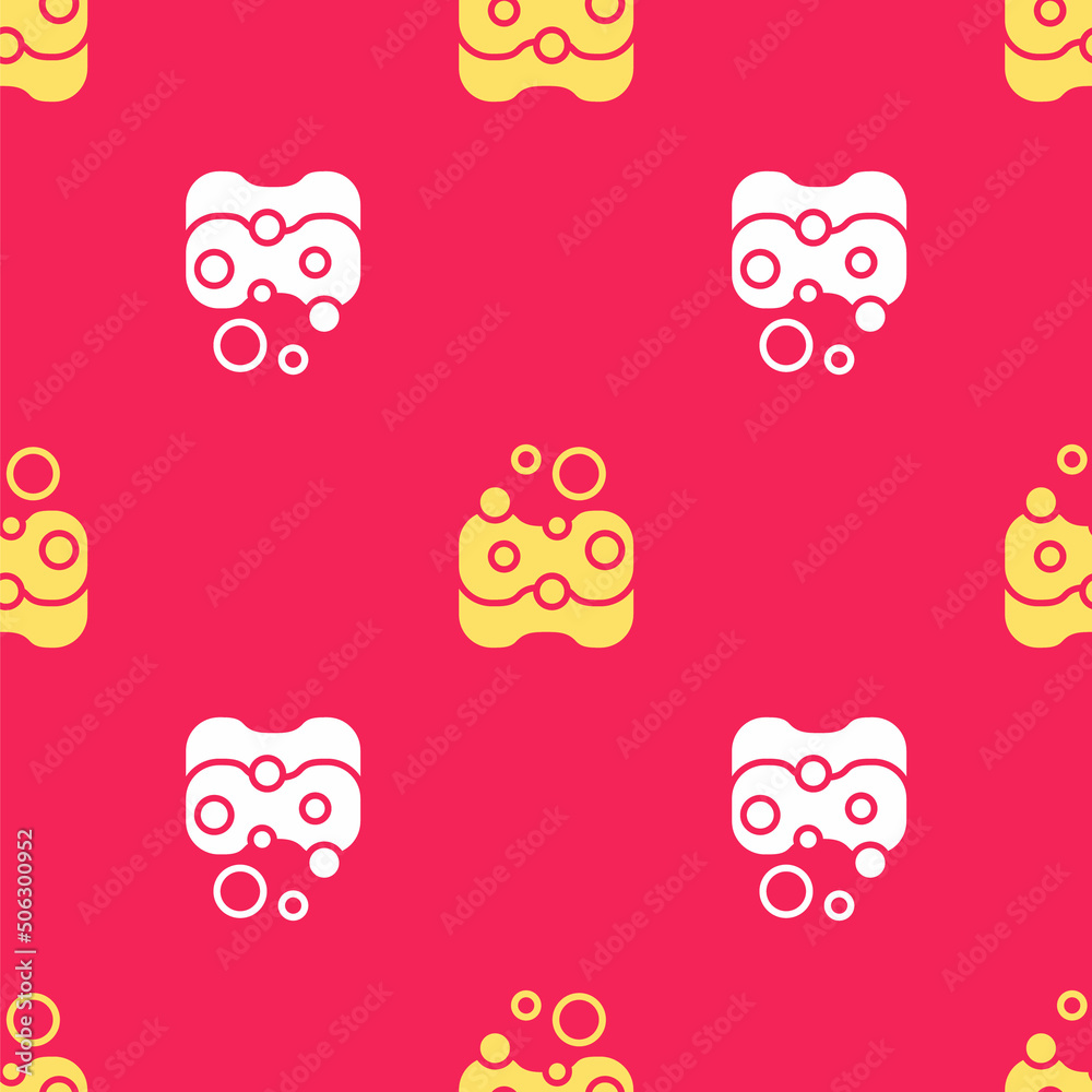 Yellow Sponge icon isolated seamless pattern on red background. Wisp of bast for washing dishes. Cleaning service concept. Vector Yellow Sponge icon isolated seamless pattern on red background. Wisp of bast for washing dishes. Cleaning service concept. Vector