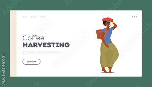 Coffee Harvesting Landing Page Template. Woman Farmer Work on Coffee Plantation Carry Basket on Head and Back
