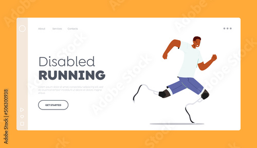 Disabled Running Landing Page Template. Athlete with Legs Prosthesis, Amputee Man Run. Character with Amputated Limbs