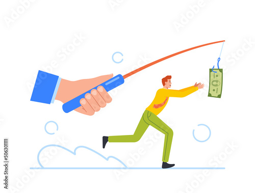 Profit Seeking Concept With Businessman Running Trying to Catch Money Hanging on Fishing Tackle. Greedy Male Character