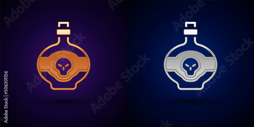 Gold and silver Poison in bottle icon isolated on black background. Bottle of poison or poisonous chemical toxin. Vector