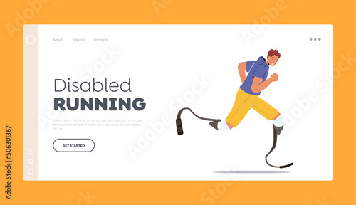 Disabled Running Landing Page Template. Active Amputee Man Run Marathon. Single Male Character Athlete with Prosthesis